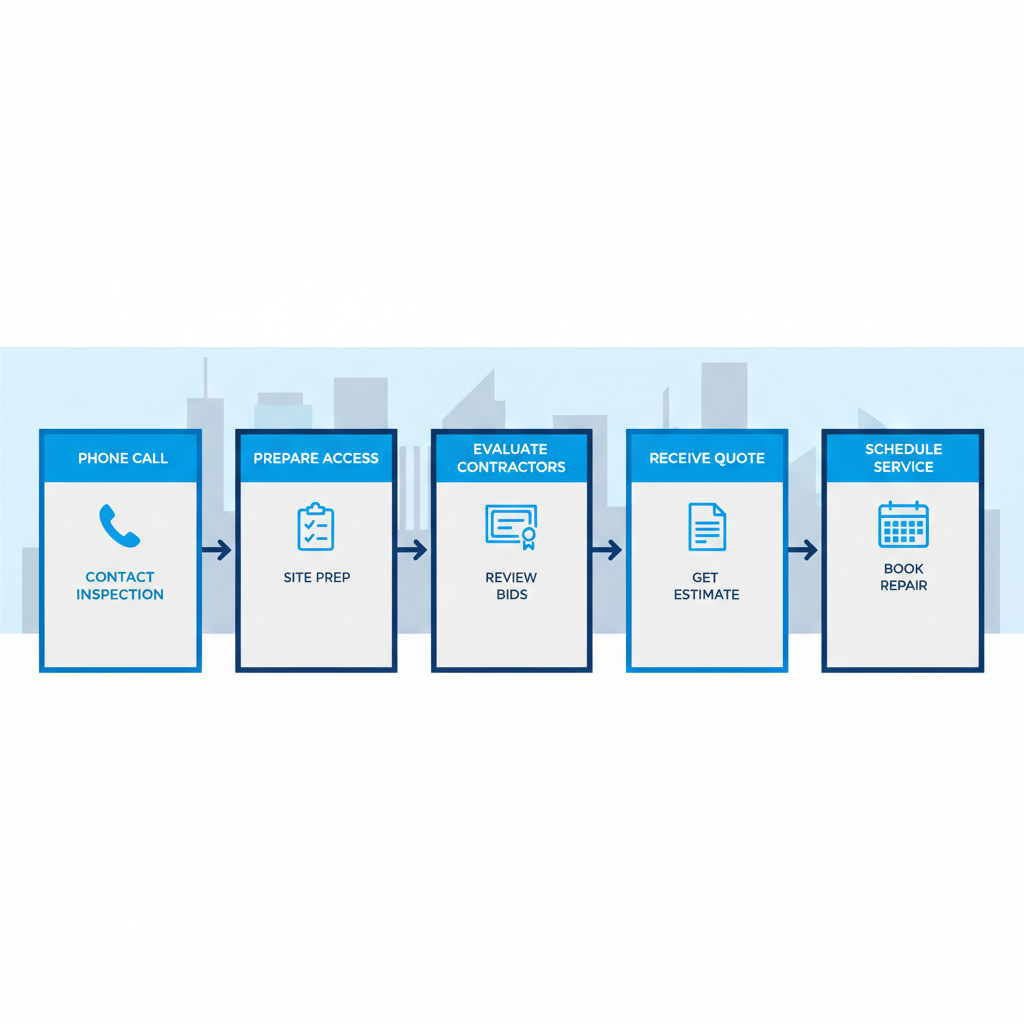 Horizontal process flow diagram showing five steps for starting roof repairs in Ruston with icons and connections.