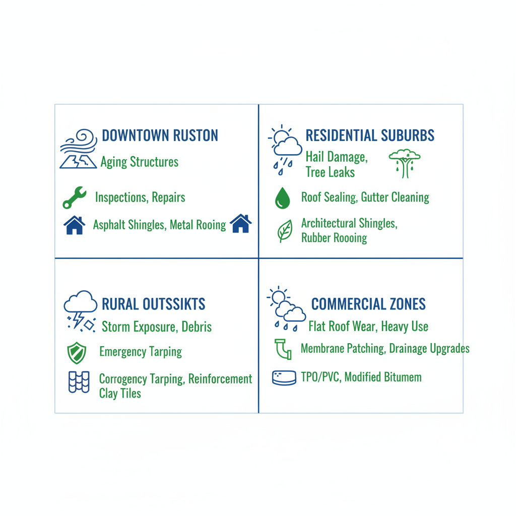 Infographic comparing roofing issues, services, and materials in Ruston neighborhoods with weather icons