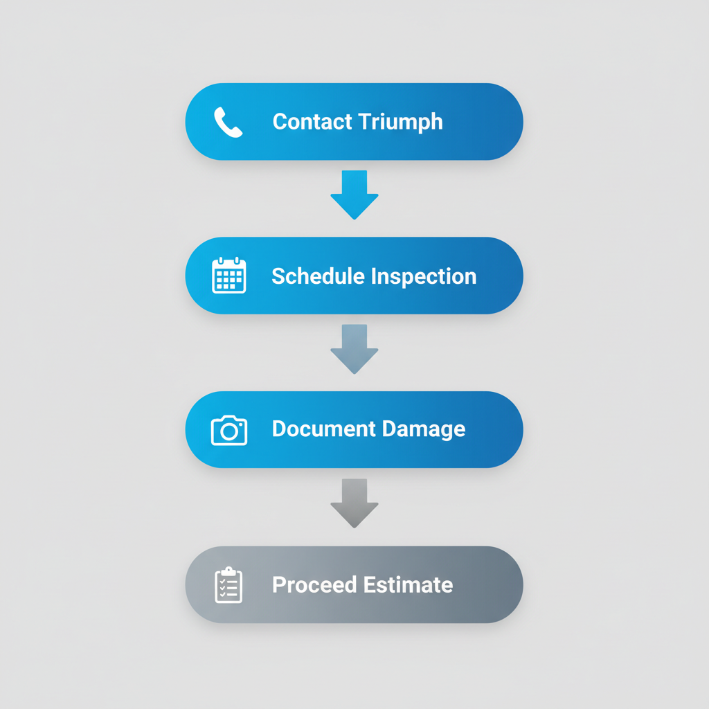 Vertical process flow diagram outlining five key steps to start roof services in Ruston with icons and blue boxes.