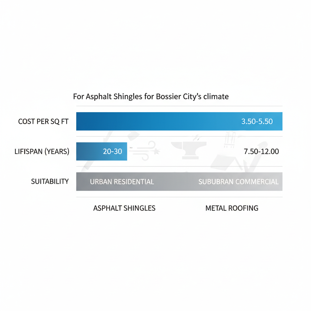 Horizontal bar chart comparing cost, lifespan, and suitability of asphalt shingles and metal roofing materials for Bossier City's climate