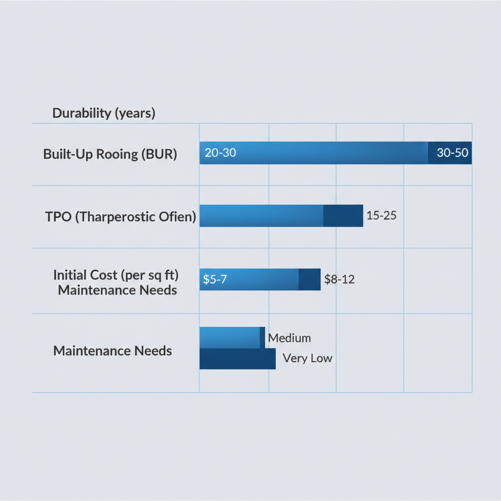 Horizontal bar chart comparing durability, cost, and maintenance of BUR, TPO, and metal roofing materials for Ruston commercial properties.