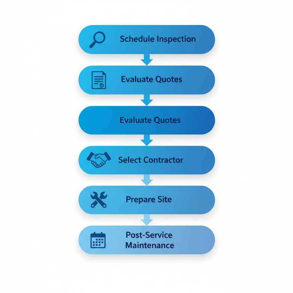 Vertical process flow diagram showing five steps for starting commercial roofing projects in Ruston, including icons for inspection, quotes, contractor selection, site preparation, and maintenance.