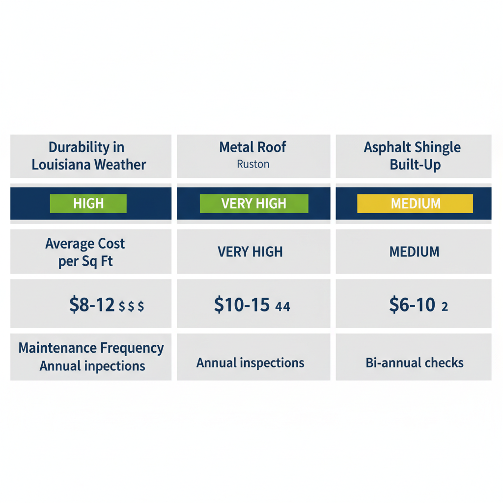Comparison chart showing durability, cost, and maintenance of commercial roofing systems in Ruston