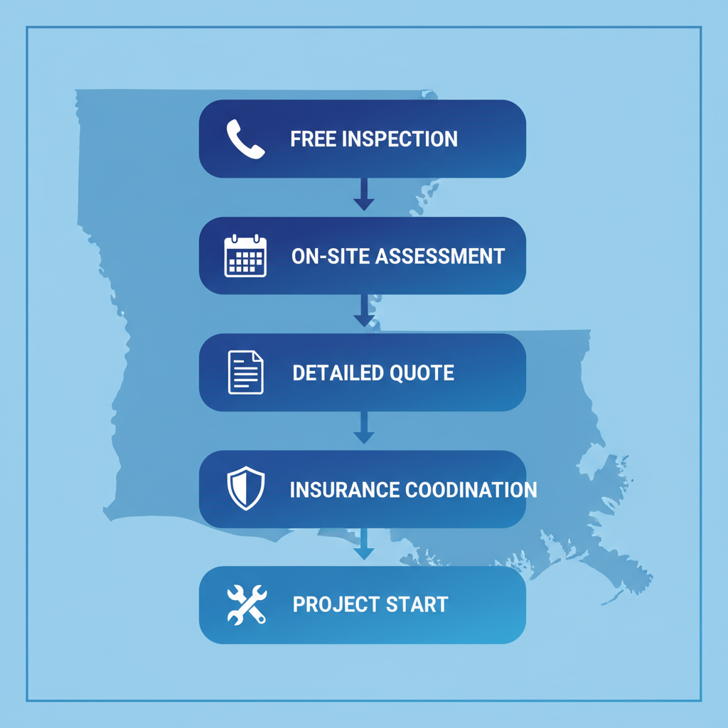Vertical process flow diagram showing five steps for starting commercial roofing projects in Ruston, Louisiana