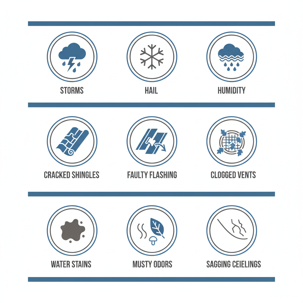 Infographic illustrating common causes of roof leaks in Minden, Louisiana, including weather triggers, material vulnerabilities, and early warning signs with icons.