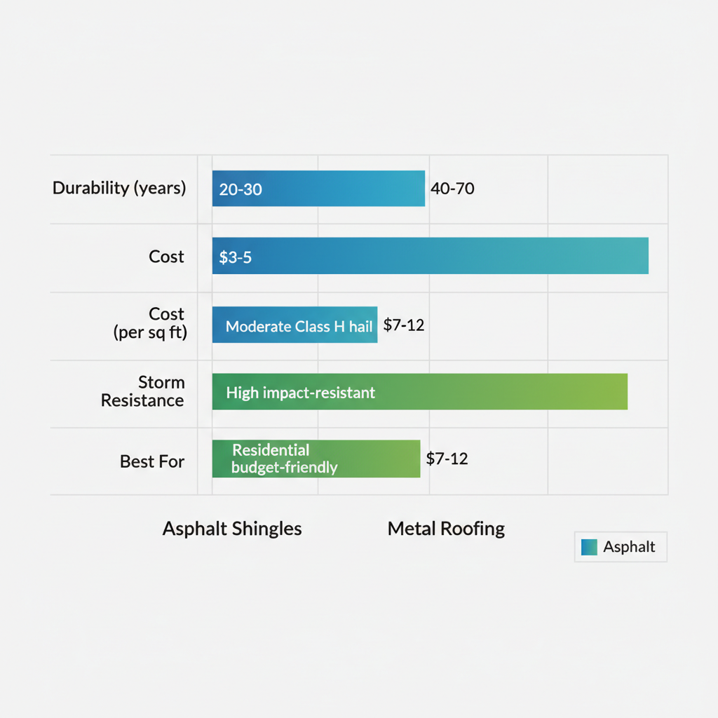 Horizontal bar chart comparing durability, cost, storm resistance, and suitability of asphalt shingles versus metal roofing for Minden's climate
