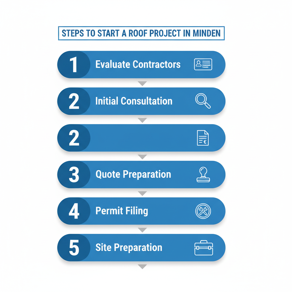 Vertical process flow diagram showing five steps to begin a roof project in Minden with icons and labels.