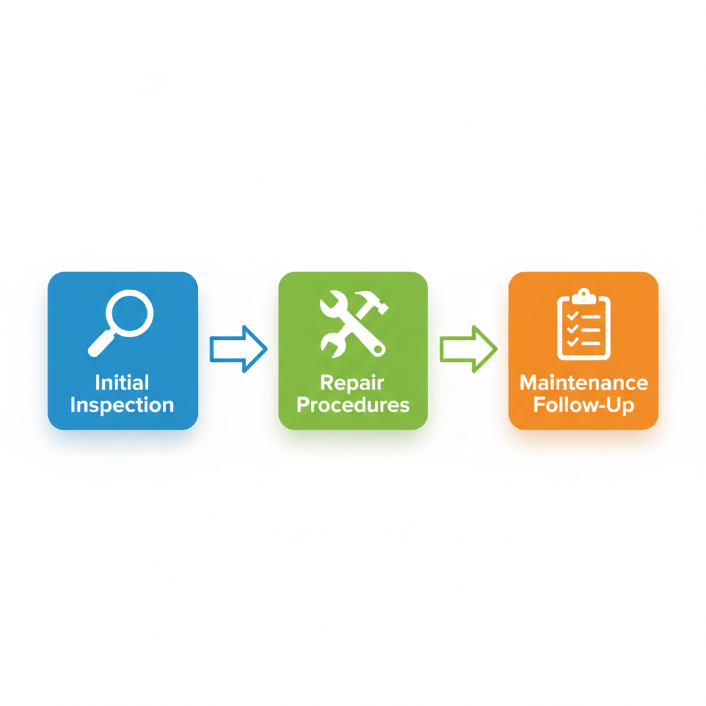 Horizontal process flow diagram illustrating three key stages of commercial roofing services: inspection, repair, and maintenance in Minden, Louisiana