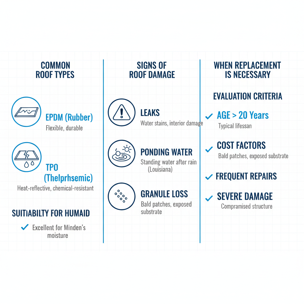 Infographic illustrating commercial roofing types, damage signs, and replacement needs in Minden