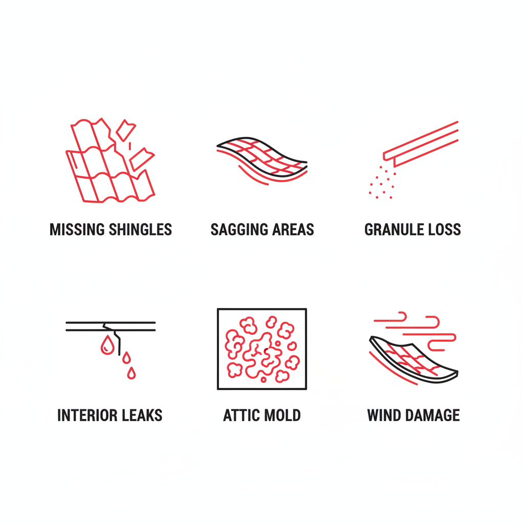 Grid of six outline icons depicting common roof damage signs: missing shingles, sagging areas, granule loss, interior leaks, attic mold, and wind damage, with red accents and short labels.