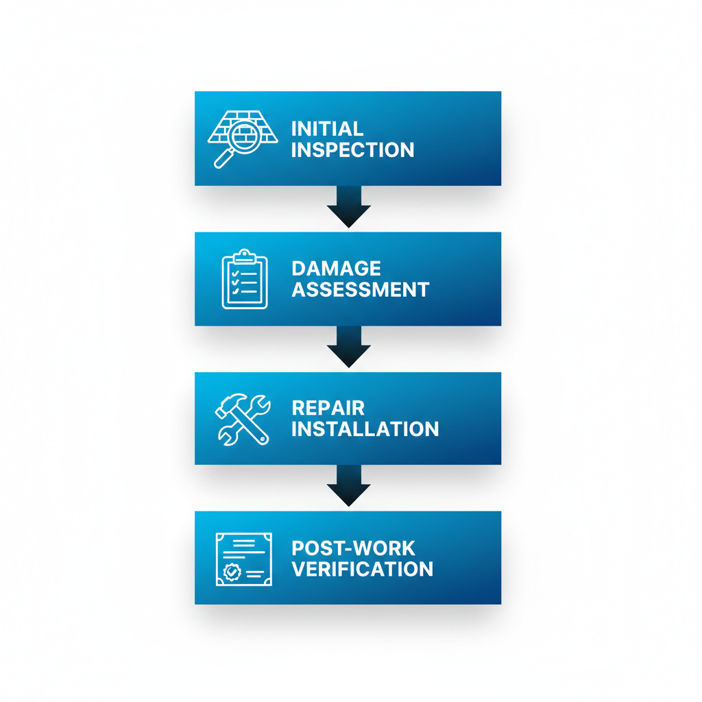 Vertical process flow diagram illustrating four stages of roofing: initial inspection, damage assessment, repair and installation, post-work verification with icons and arrows.