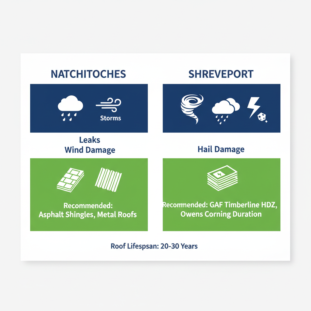 Infographic comparing roofing vulnerabilities and solutions in Natchitoches and Shreveport, Louisiana