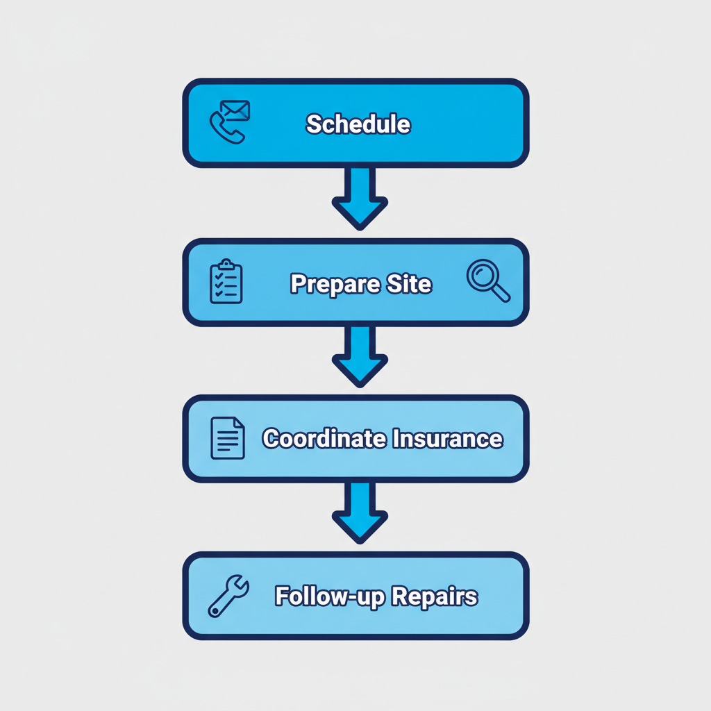 Vertical process flow diagram illustrating five steps for engaging roofing services: scheduling inspection, preparing site, on-site evaluation, coordinating insurance, and follow-up repairs.