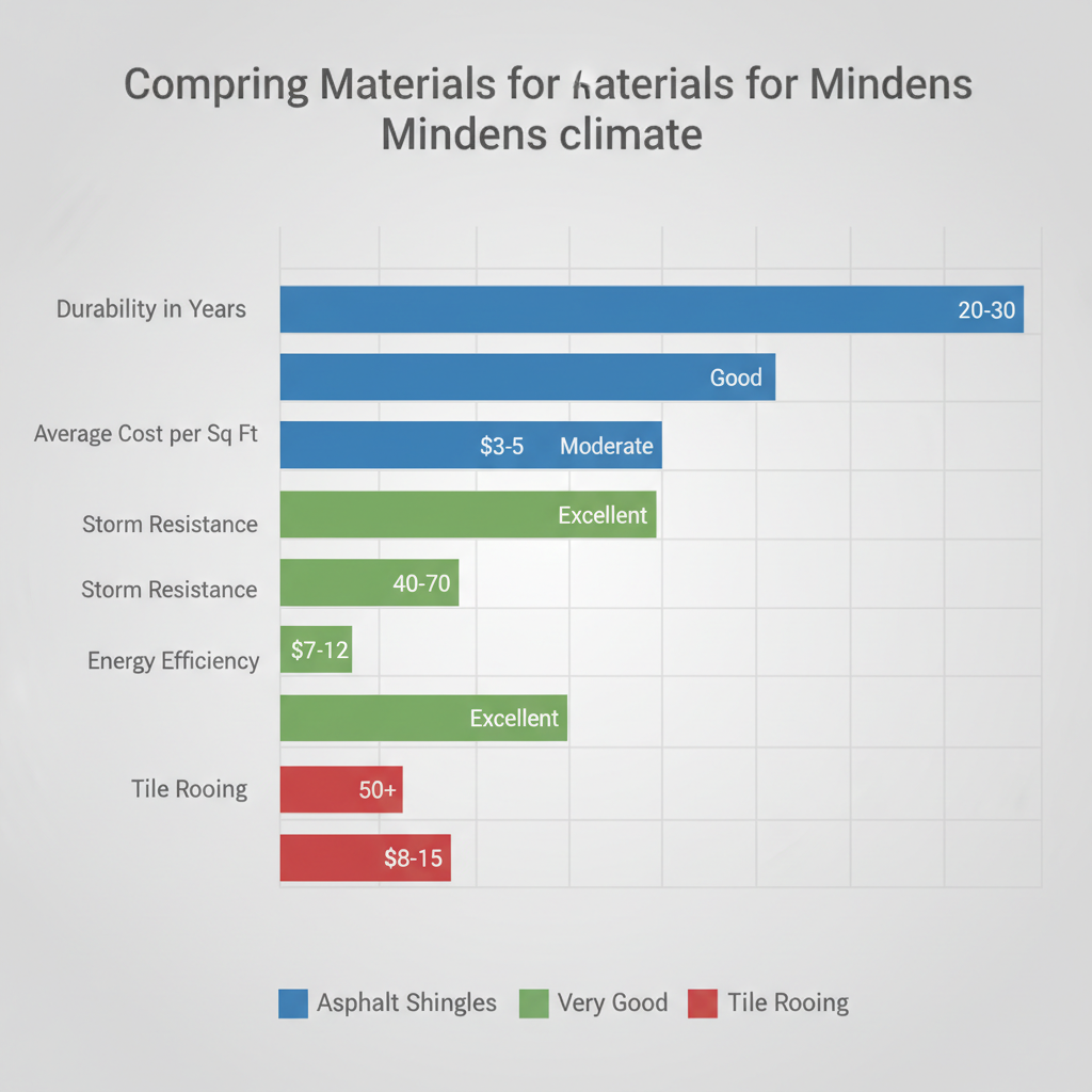 Horizontal bar chart comparing durability, cost, storm resistance, and energy efficiency of asphalt shingles, metal roofing, and tile roofing for Minden's climate