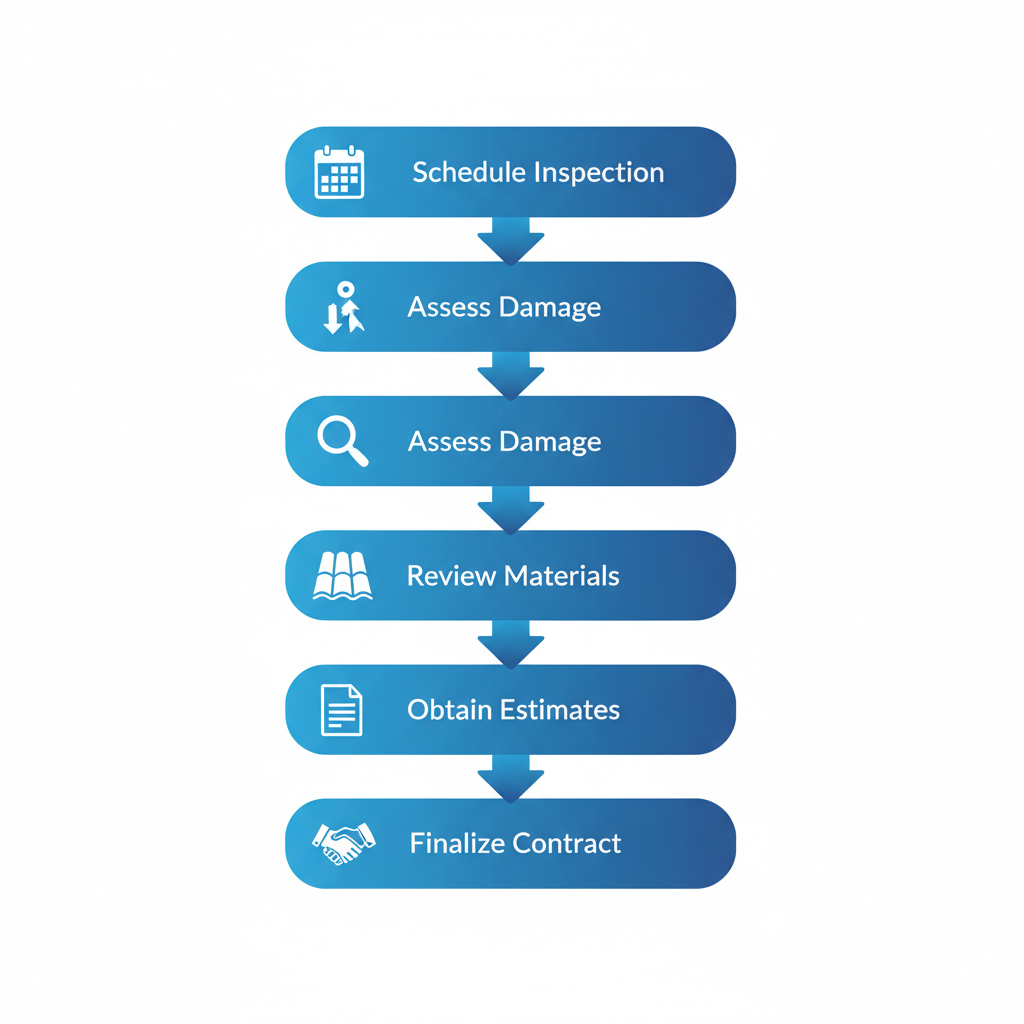 Vertical process flow diagram illustrating five steps for starting a roof replacement project in Minden