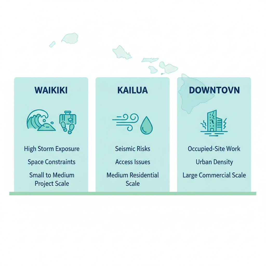 Infographic comparing reconstruction challenges in Waikiki, Kailua, and Downtown Honolulu neighborhoods with icons and brief notes.