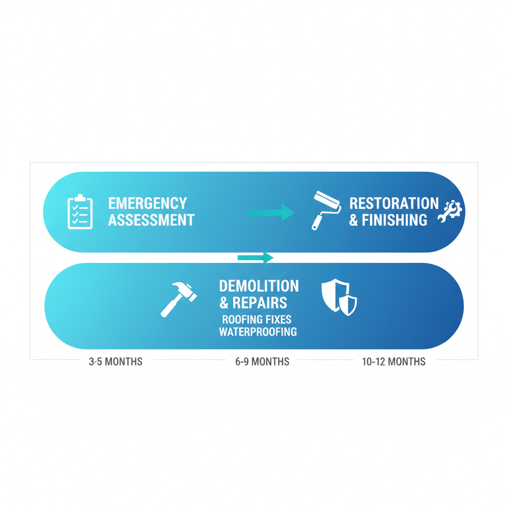 Horizontal process flow diagram showing three stages of reconstruction services in Honolulu: emergency assessment, demolition and repairs, restoration and finishing.