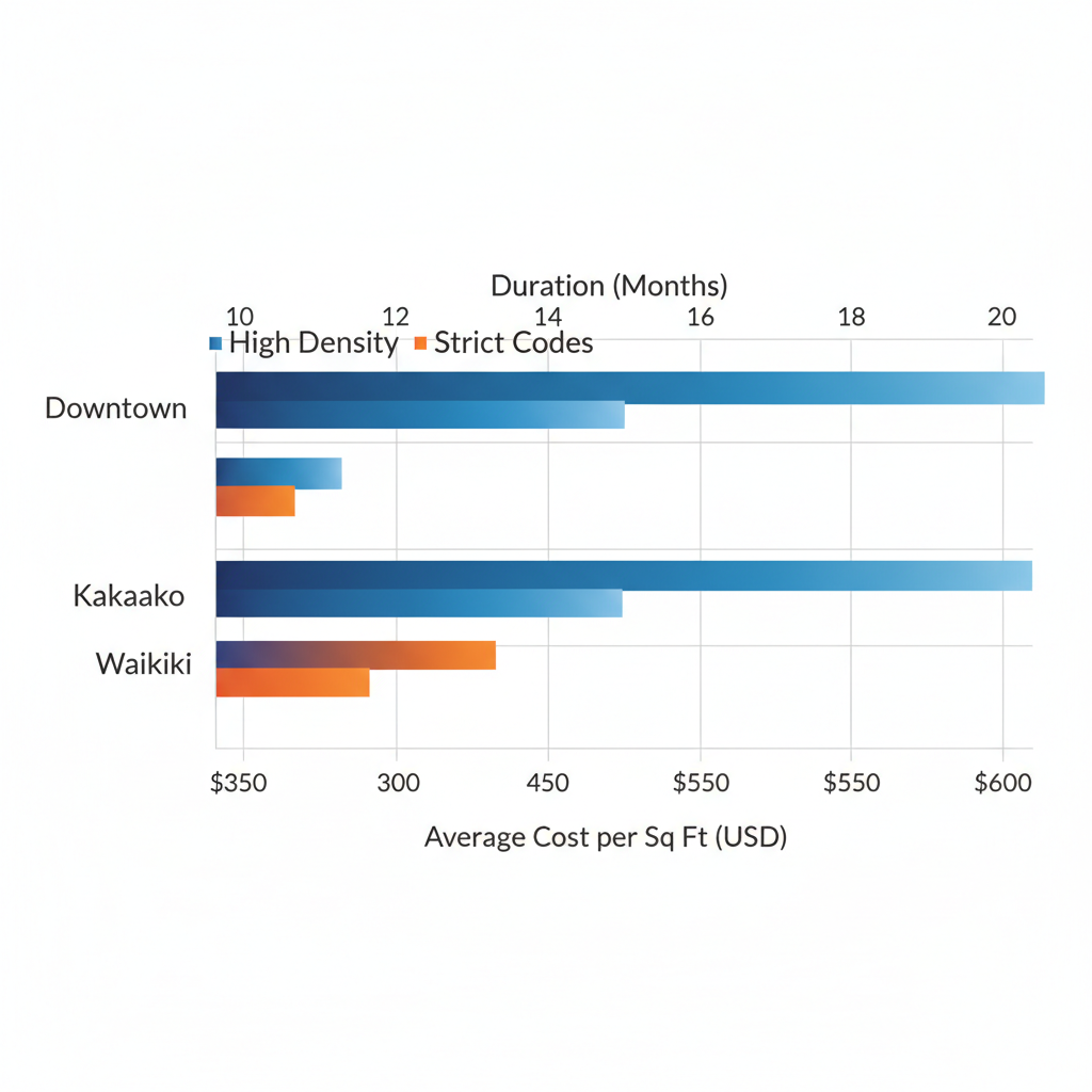 Horizontal bar chart comparing commercial reconstruction costs per square foot and timelines in months across Honolulu districts: Downtown, Kaka'ako, and Waikiki.