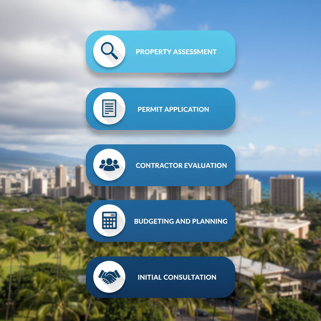 Vertical process flow diagram showing five steps for starting a commercial rebuild in Honolulu, including icons for assessment, permits, contractors, budgeting, and consultation.