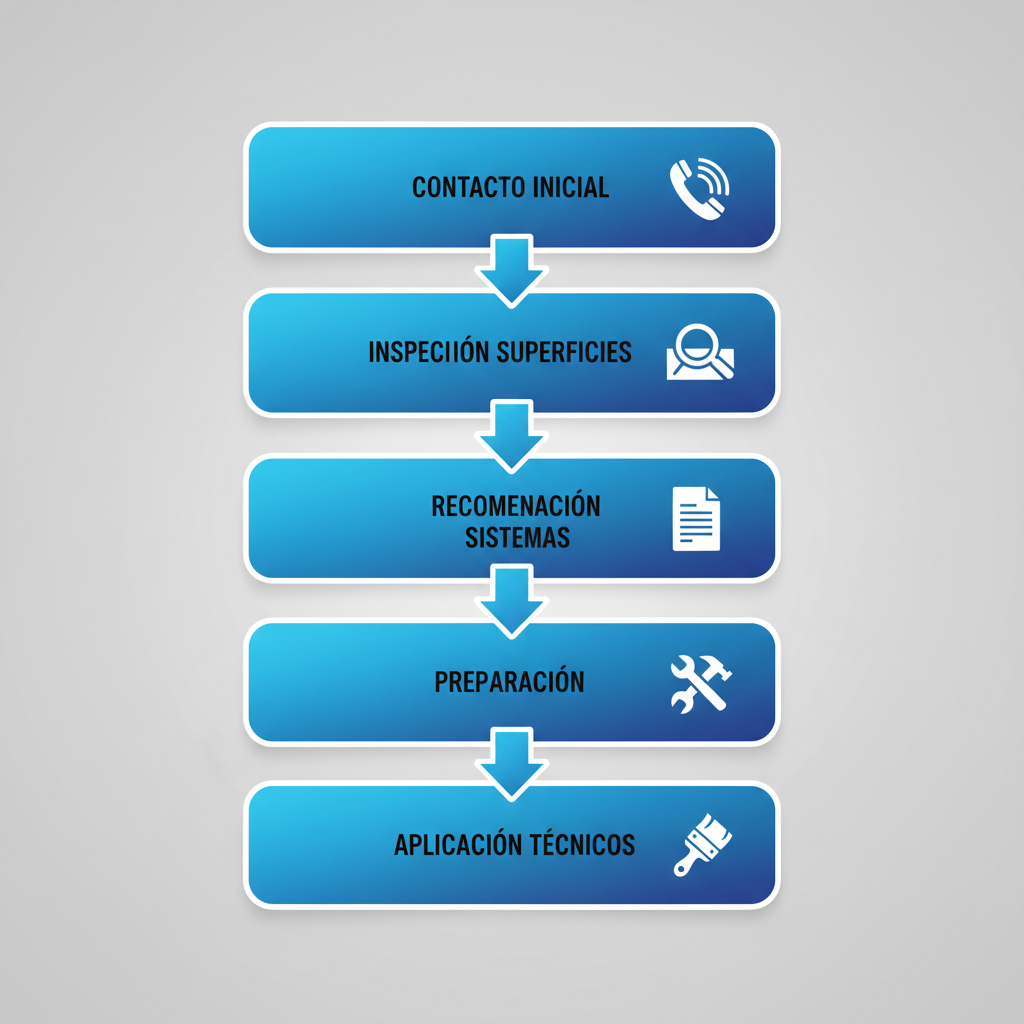 Diagrama de flujo vertical ilustrando los cinco pasos iniciales para proyectos de recubrimientos industriales, desde contacto hasta aplicación.