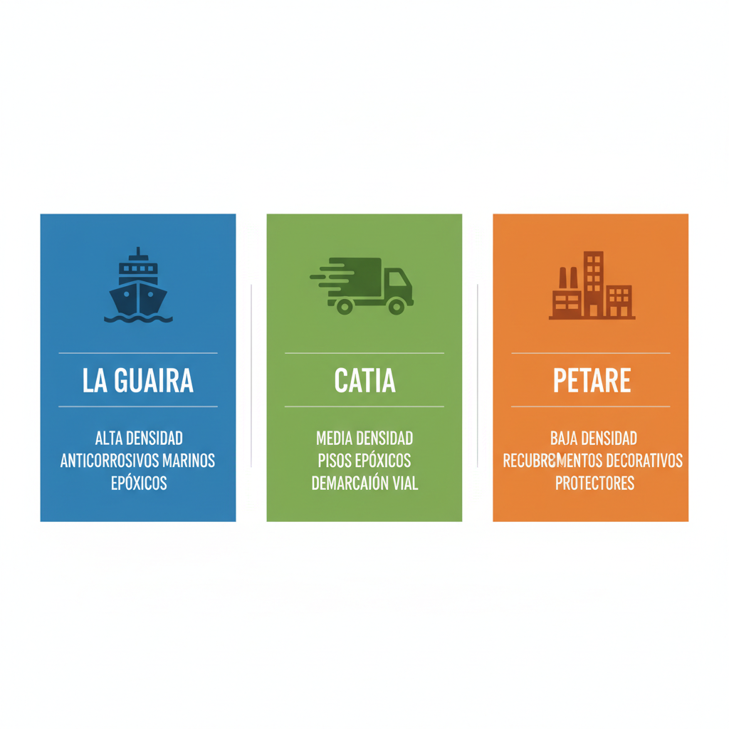 Infografía comparativa de áreas industriales en Caracas: La Guaira, Catia y Petare con íconos y detalles de densidad y recubrimientos.