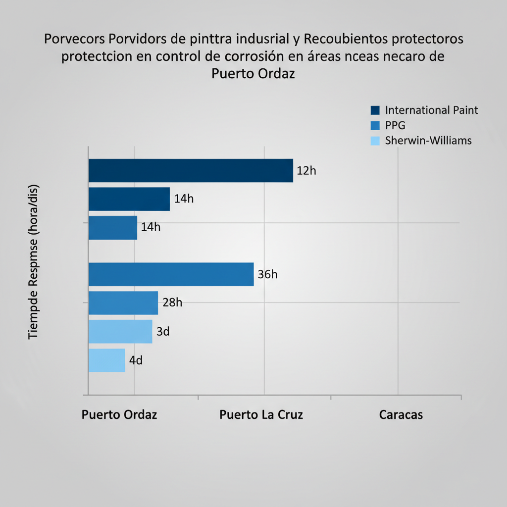 Gru00e1fico de barras horizontales comparando tiempos de respuesta de proveedores de pintura industrial en Puerto Ordaz, Puerto La Cruz y Caracas, enfocu00e1ndose en recubrimientos anticorrosivos.