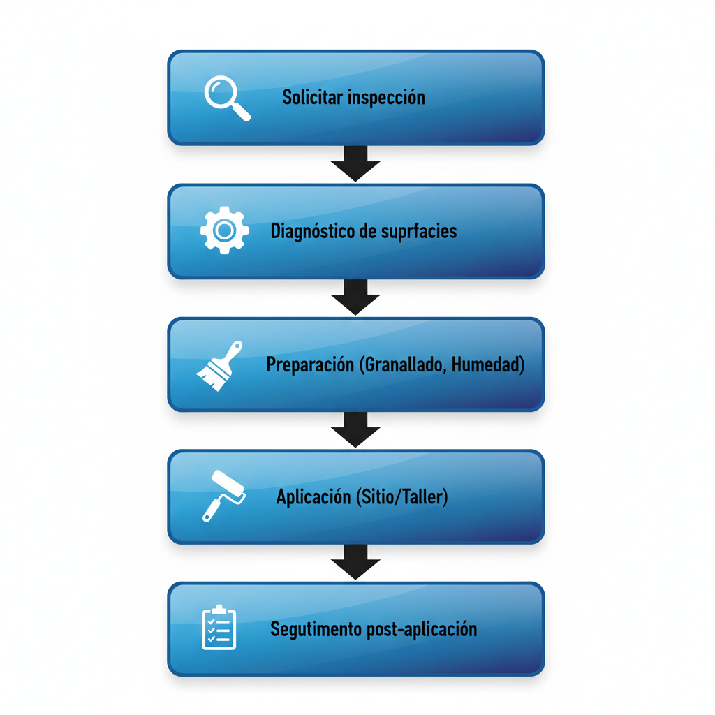 Diagrama de flujo vertical de cinco etapas para iniciar un proyecto de pintura industrial en Puerto Ordaz, con u00edconos ilustrativos y gradientes azules.