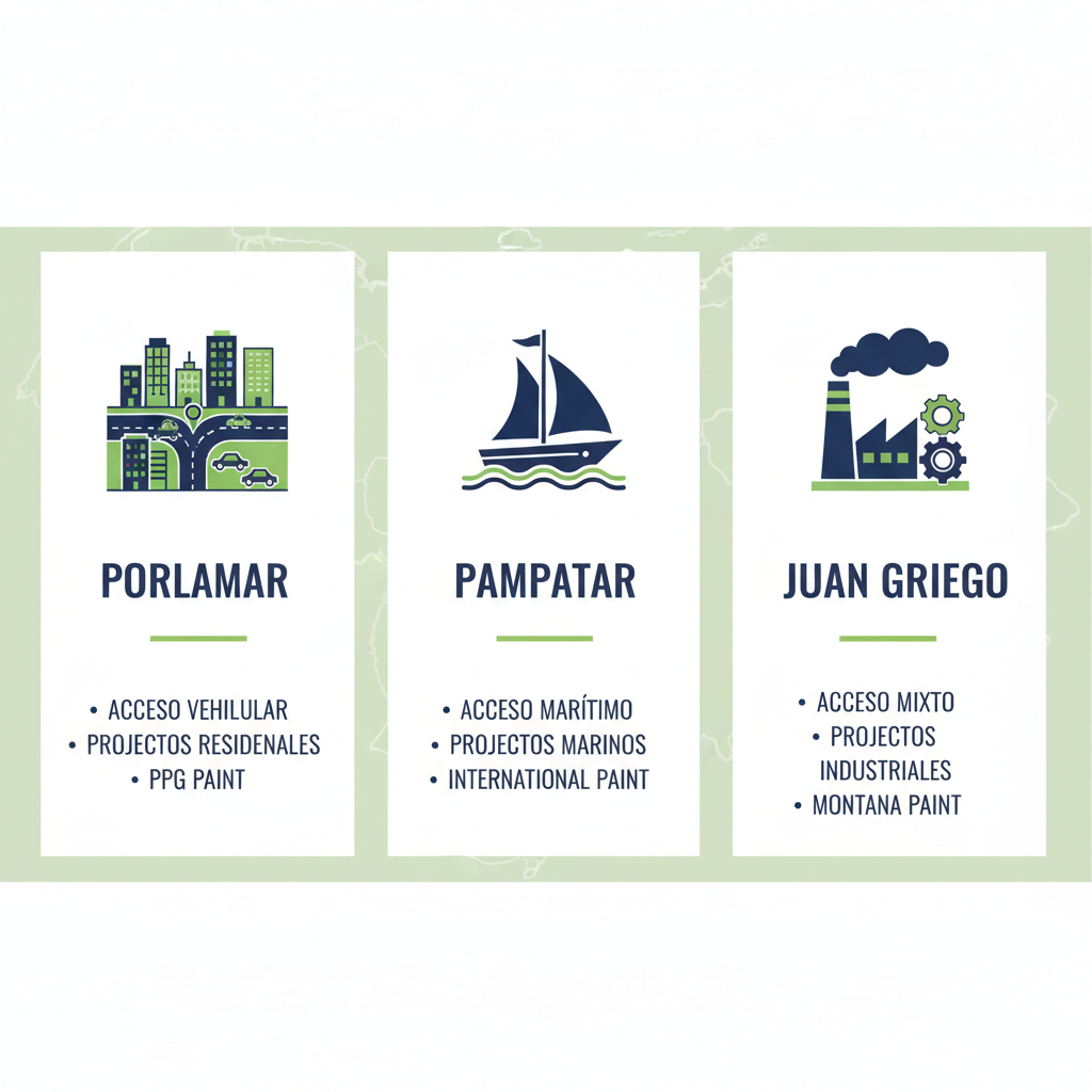 Infografía comparativa de áreas clave en Isla Margarita: Porlamar, Pampatar y Juan Griego, con íconos, accesibilidad, proyectos y proveedores de pintura.