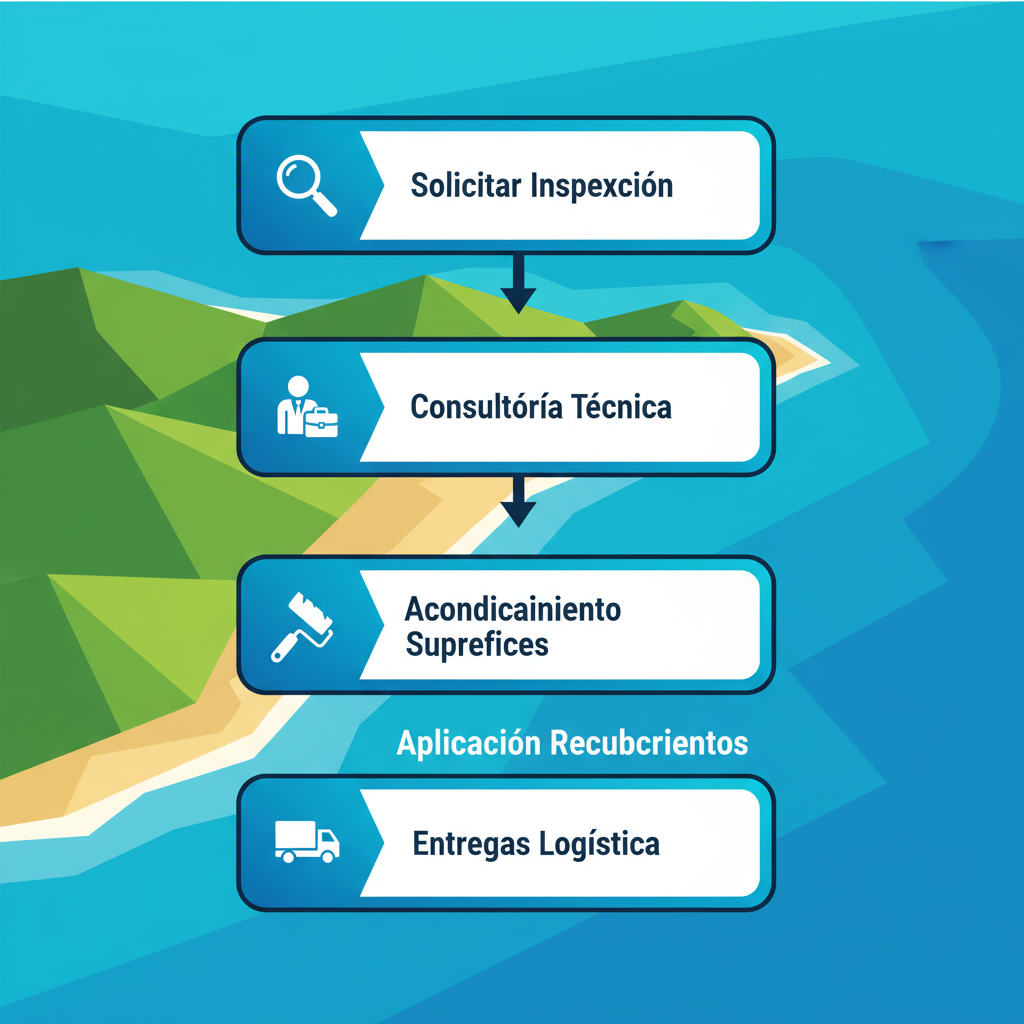 Diagrama de flujo vertical de cinco etapas para iniciar servicios de pintura en Isla Margarita con íconos y conexiones.