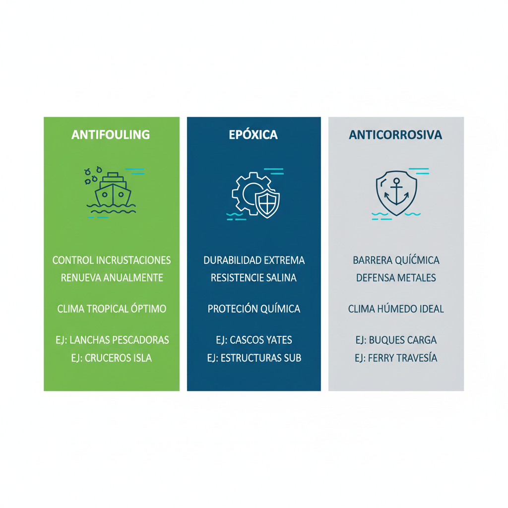 Infografía comparativa de ventajas de pinturas marinas antifouling, epóxica y anticorrosiva para protección de embarcaciones en entornos marinos tropicales de Margarita.