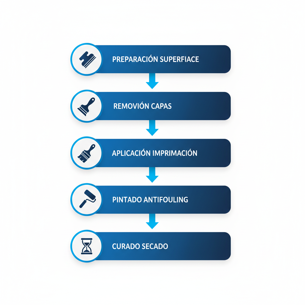 Diagrama de flujo vertical ilustrando los pasos de aplicación de antifouling en el casco de una embarcación con íconos y etiquetas claras.