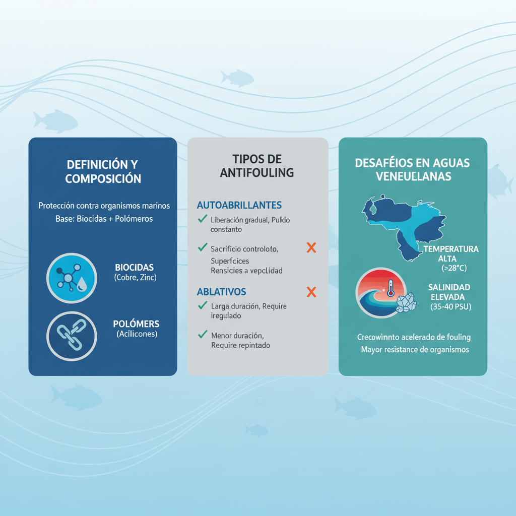 Infografía educativa sobre fundamentos del antifouling marino en Venezuela, con secciones de definición, tipos y desafíos locales.