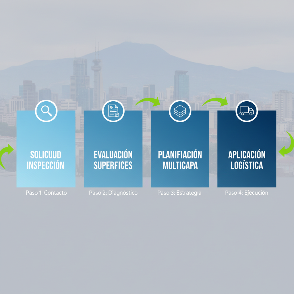 Diagrama de flujo horizontal ilustrando cuatro etapas secuenciales para comenzar servicios de pintura en Caracas, con íconos y flechas.