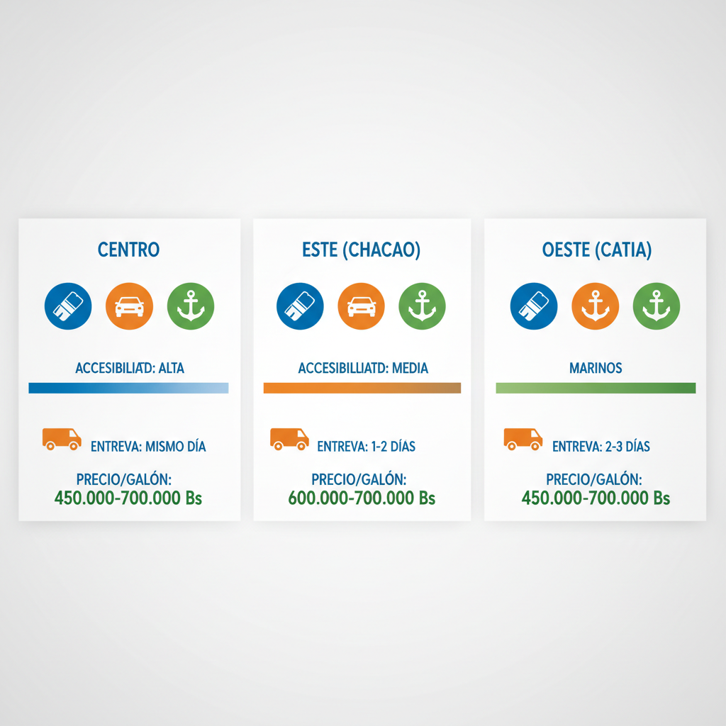 Infografía comparativa de distribución de pinturas en distritos de Caracas: Centro, Este y Oeste, con íconos de tipos, barras de accesibilidad, tiempos de entrega y rangos de precios.