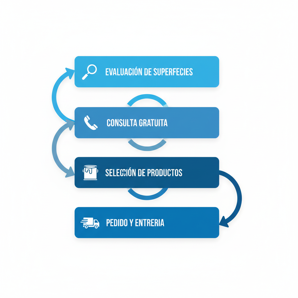 Diagrama de flujo vertical de cuatro etapas ilustrando el proceso inicial para comprar pinturas en Caracas, con íconos y flechas conectadas.