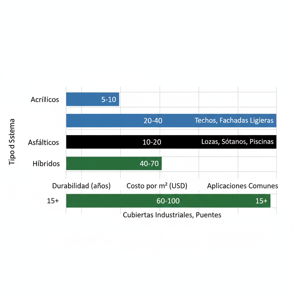 Gráfico comparativo de barras horizontales de sistemas impermeabilizantes acrílicos, asfálticos e híbridos mostrando durabilidad, costos y aplicaciones