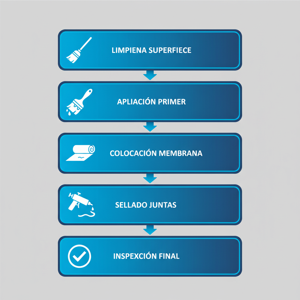 Diagrama de flujo vertical ilustrando el proceso de impermeabilización de techos en cinco etapas con íconos descriptivos.