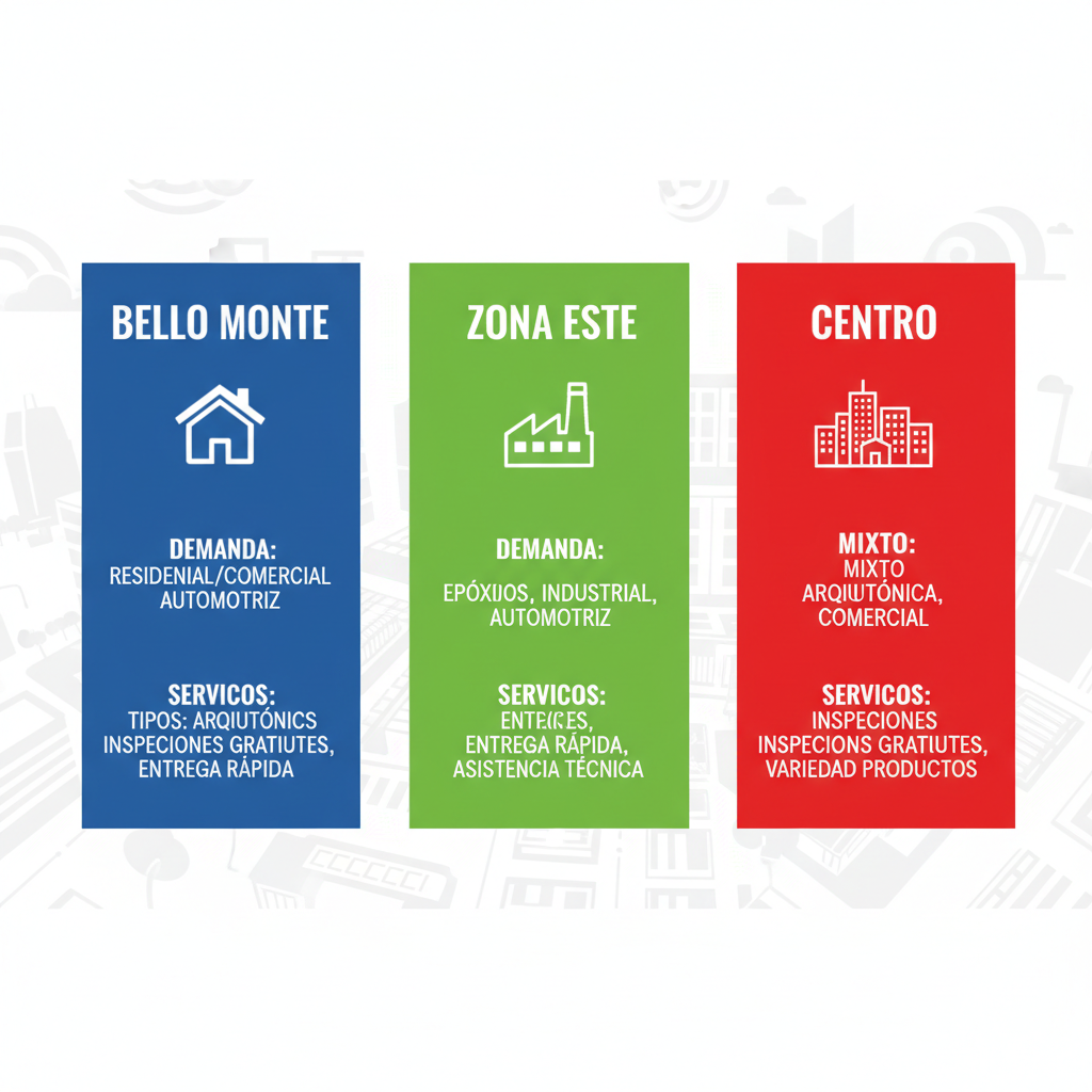Infografía comparativa de áreas clave en Caracas para distribuidores de pintura, mostrando demandas, tipos y servicios por zona