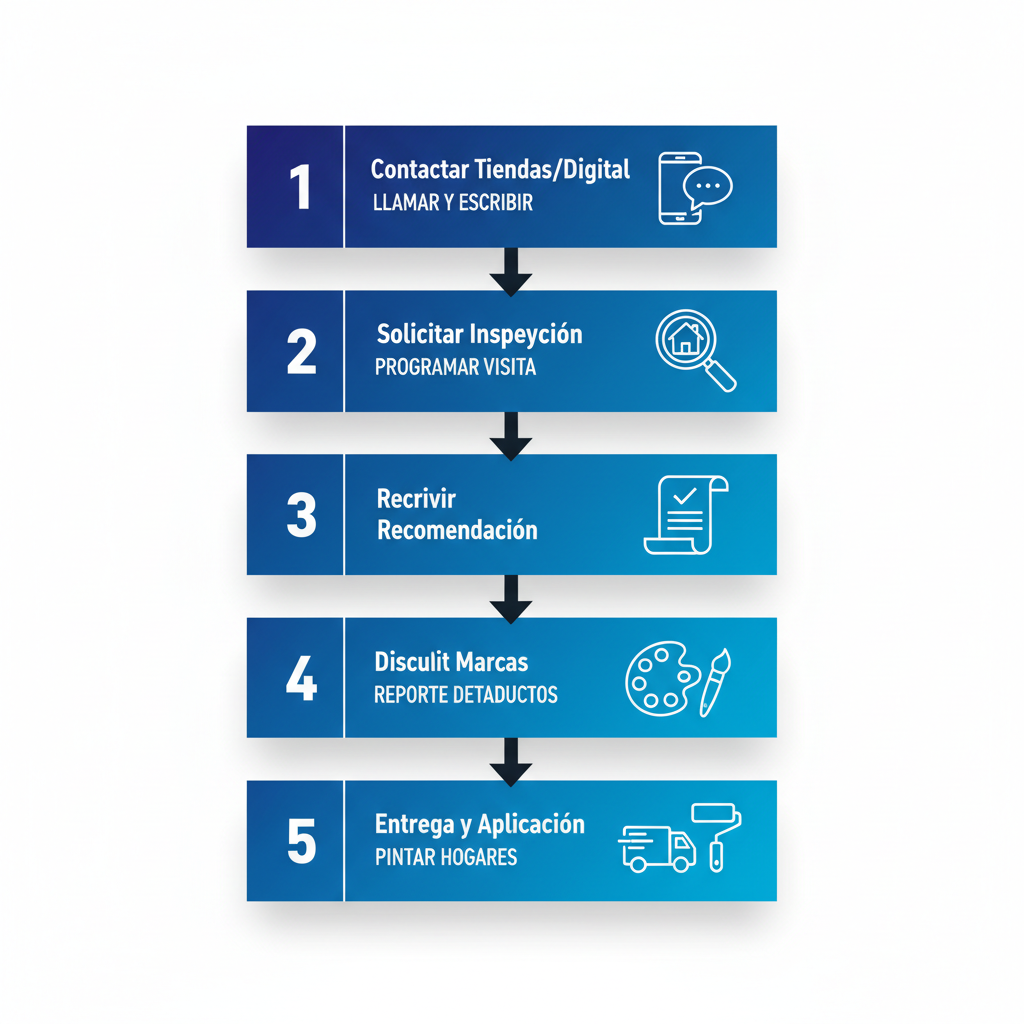 Diagrama de flujo vertical ilustrando el proceso de cinco etapas para comenzar con distribuidores de pintura en Caracas, incluyendo contacto, inspección y entrega.