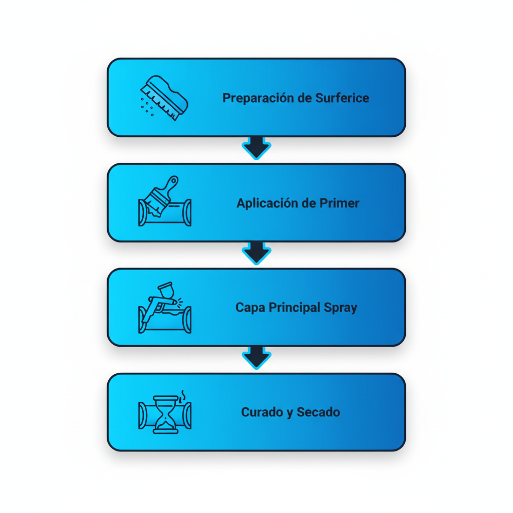 Diagrama vertical de flujo de proceso ilustrando los pasos de aplicación de recubrimientos epóxicos en tuberías industriales con íconos y flechas.