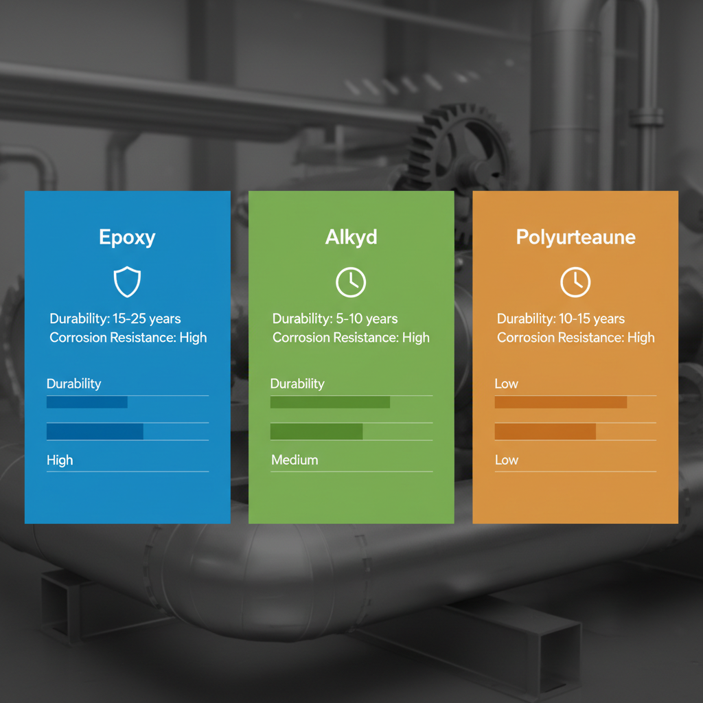 Infografía comparativa de ventajas de pinturas epóxicas, alquídicas y poliuretano para protección de tuberías contra corrosión.