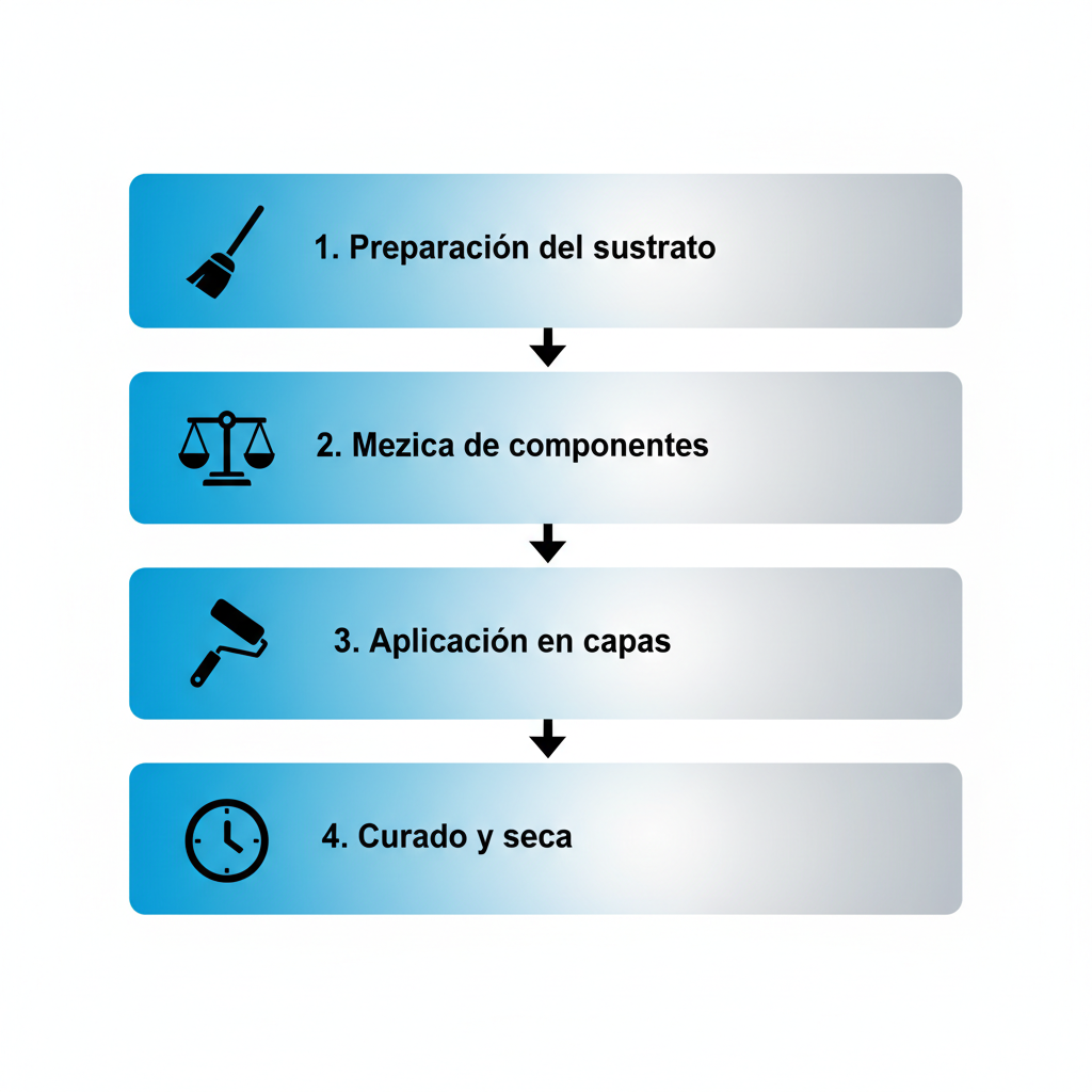 Diagrama de flujo ilustrado del proceso de aplicación de pisos epóxicos con curado rápido en Venezuela