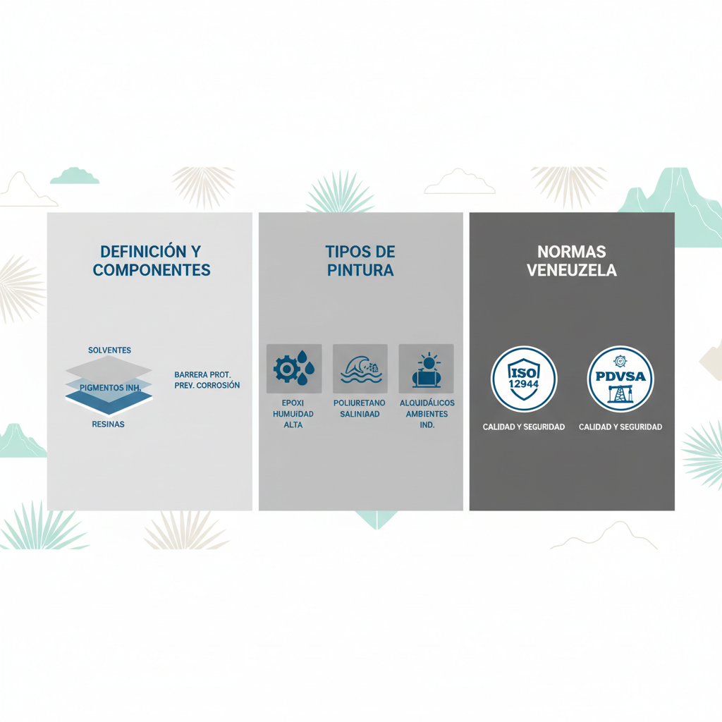 Infografía horizontal sobre componentes, tipos y normas de pintura anticorrosiva industrial en Venezuela