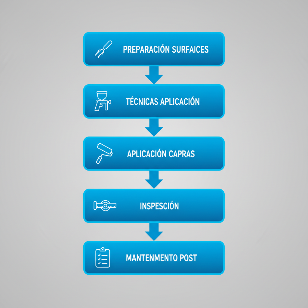 Diagrama vertical de cinco etapas ilustrando mejores prácticas para aplicar pintura anticorrosiva en industrias venezolanas, con iconos de herramientas y etiquetas breves.
