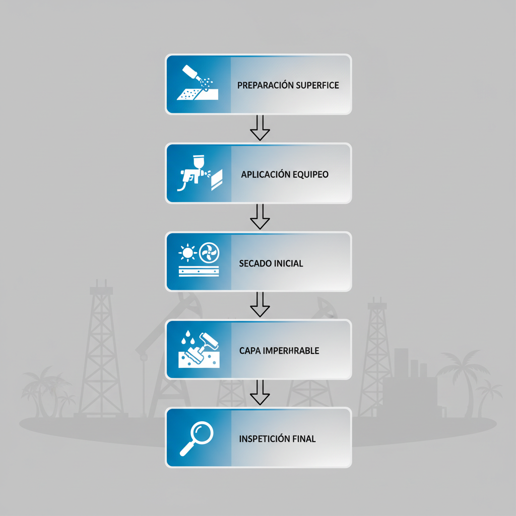 Diagrama vertical de cinco etapas para aplicar fondos anticorrosivos en metales, con u00edconos y flechas en entornos venezolanos.