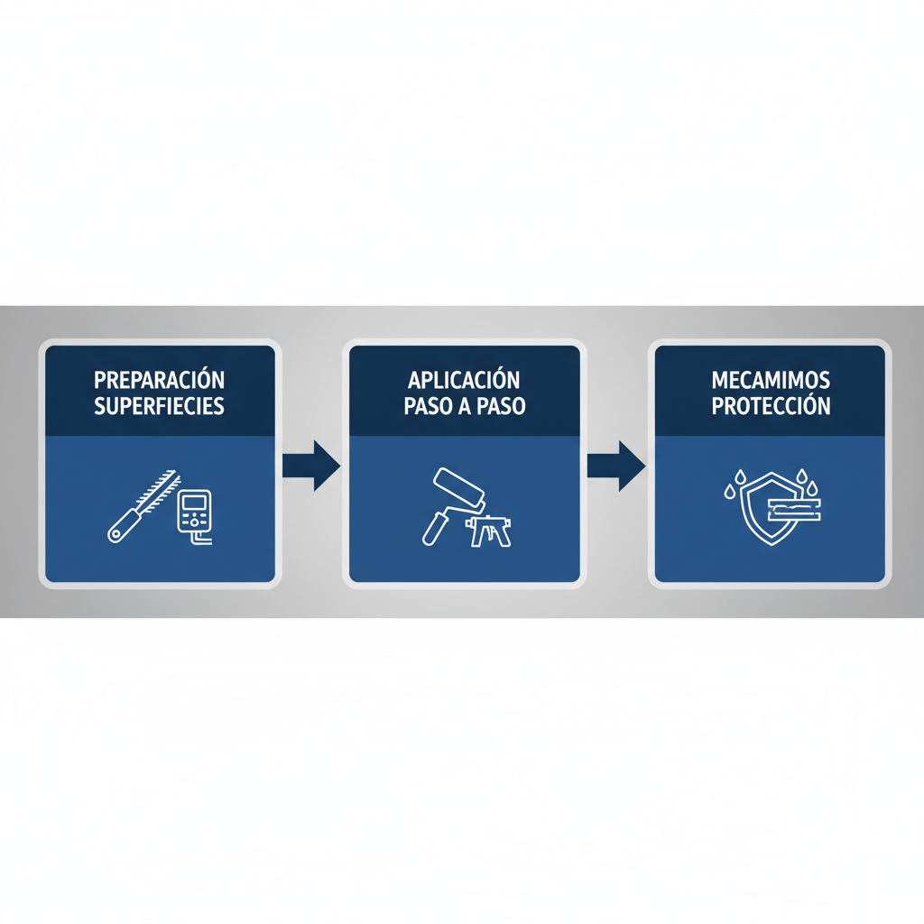 Diagrama de flujo horizontal ilustrando las tres etapas principales de aplicaciu00f3n de recubrimientos anticorrosivos en estructuras metu00e1licas, con u00edconos y etiquetas breves en espau00f1ol.