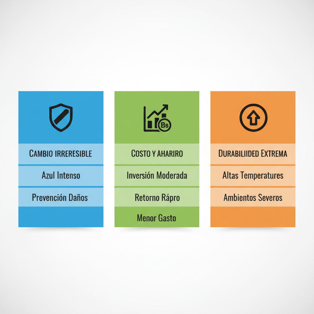 Infografía de beneficios de pintura indicadora de temperatura: detección visual, costos y durabilidad comparados.
