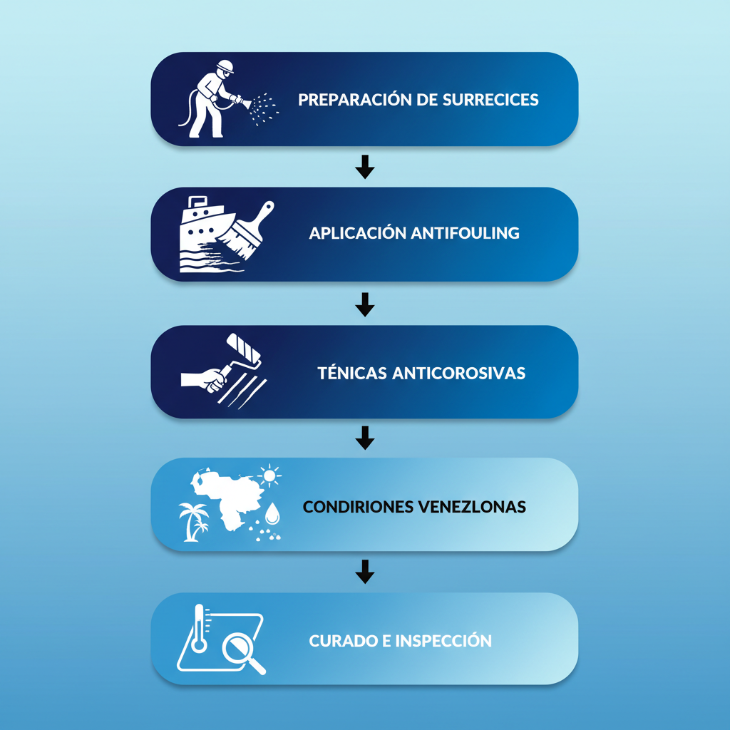 Diagrama de flujo vertical ilustrando el proceso de aplicación de recubrimientos marinos en cinco etapas con iconos y flechas.