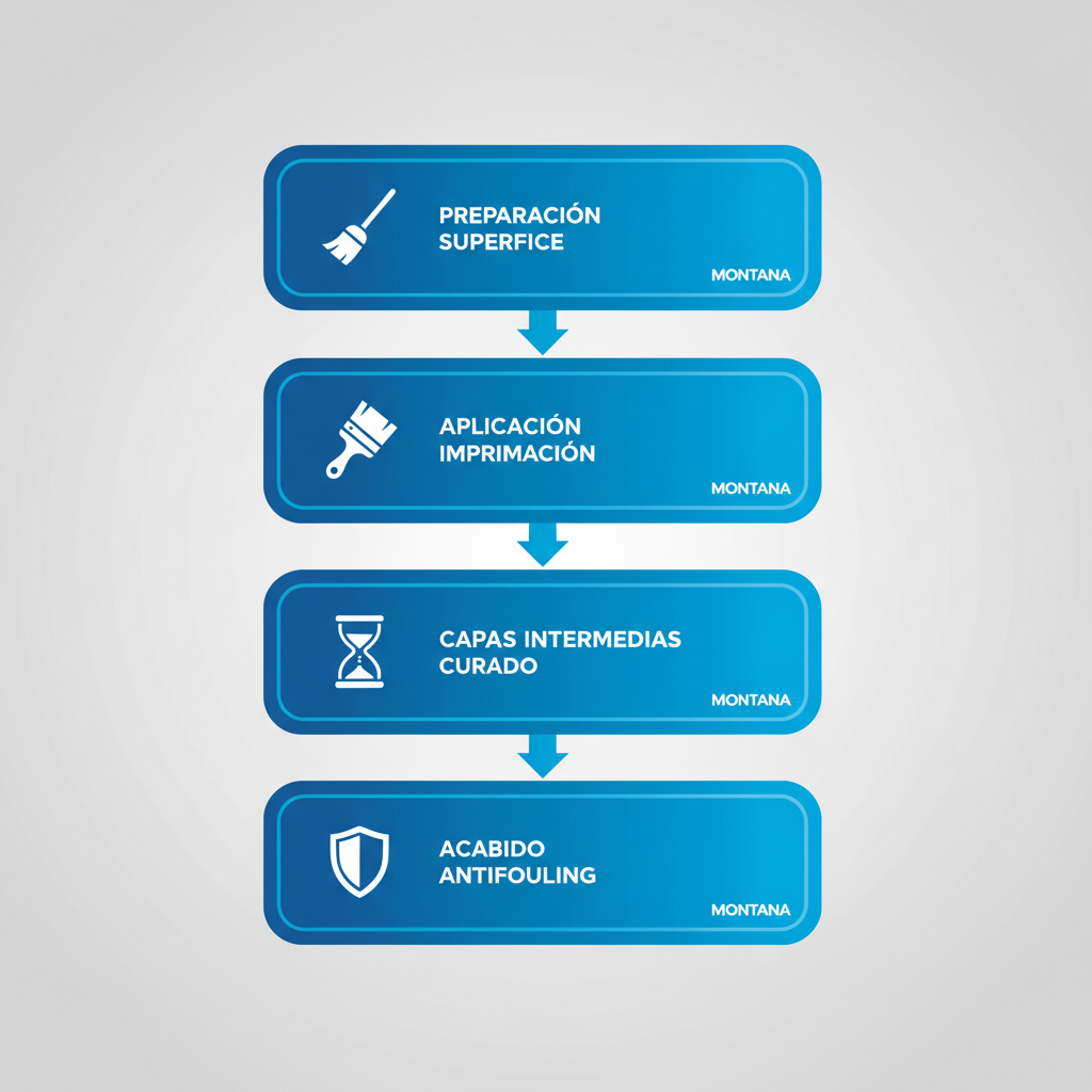 Diagrama de flujo vertical mostrando las cuatro etapas de aplicación de pintura marina anticorrosiva Montana.