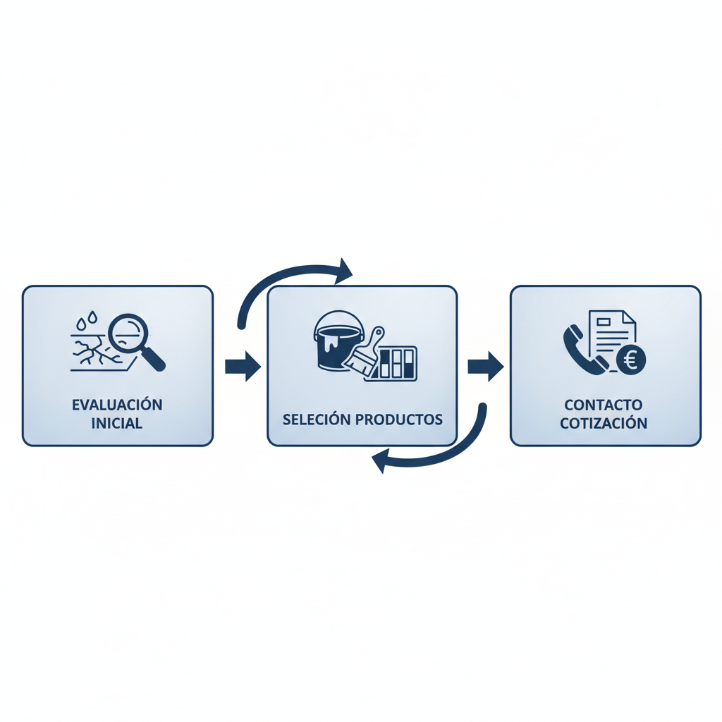 Diagrama de flujo horizontal de tres etapas para iniciar un proyecto de impermeabilización